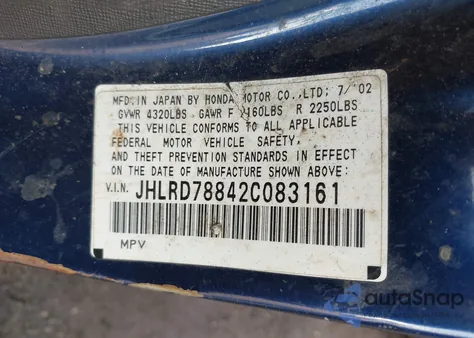 2002 Honda Cr-V Ex из США, поврежденный, VIN JHLRD78842C083161